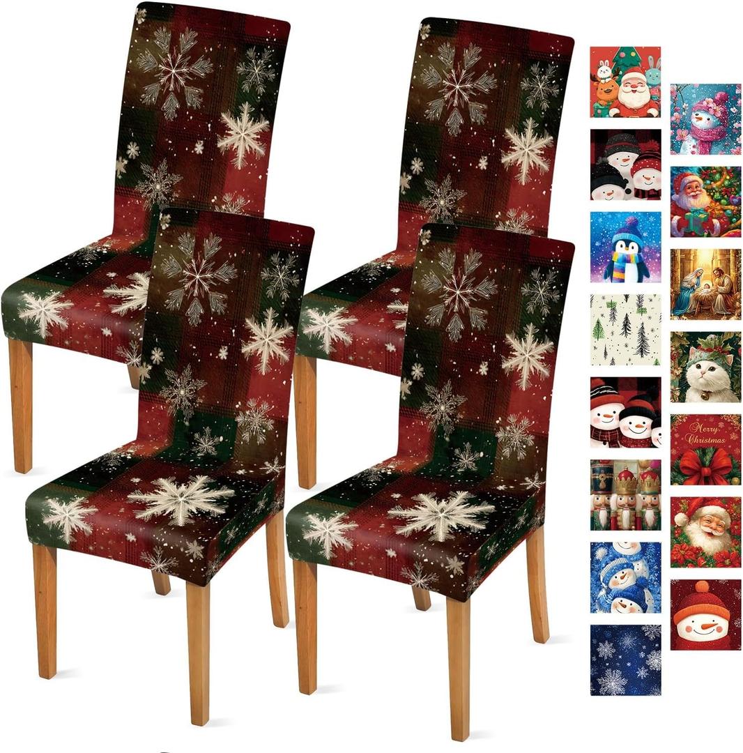 THISFIND Chair Covers for Dining Chairs Set of 4, Red Black with Snowflake Tree Holiday Motifs, Stretch Fit Washable Fabric, Party Slipcovers (23)