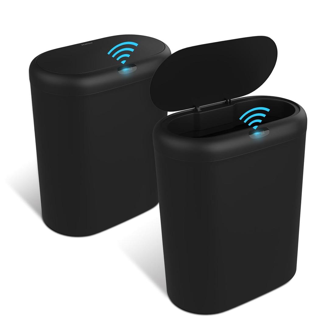 Naisu 4 Gallon Automatic Sensor Trash Can with Lid, 2 Pack Sealed Slim Design Waterproof Bathroom & Kitchen Garbage Bin, Motion Sensor Technology, Ideal for Small Spaces (Black)