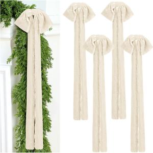 4 Pcs Large Velvet Bows for Christmas Tree 35.5 x 11.8 Inches Rustic Velvet Ribbon Bow Christmas Swag Wreath Staircase Bows Vintage Raw Edges Tree Topper for Indoor Outdoor Decor(Beige)