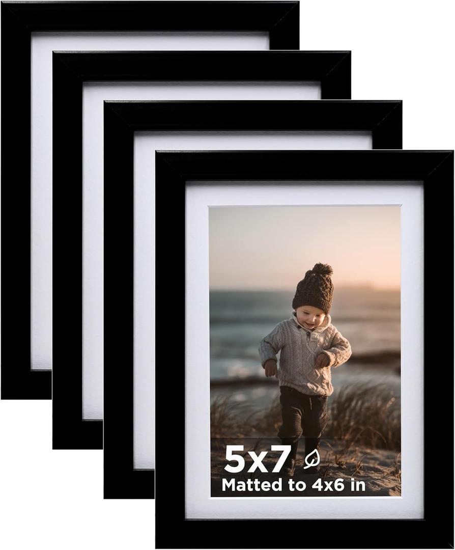 KINLINK 5x7 Picture Frame Black Set of 4, Wooden Photo Frames Matted 4x6 with Plexiglass for 4x6 with Mat or 5x7 without Mat for Table and Wall Display
