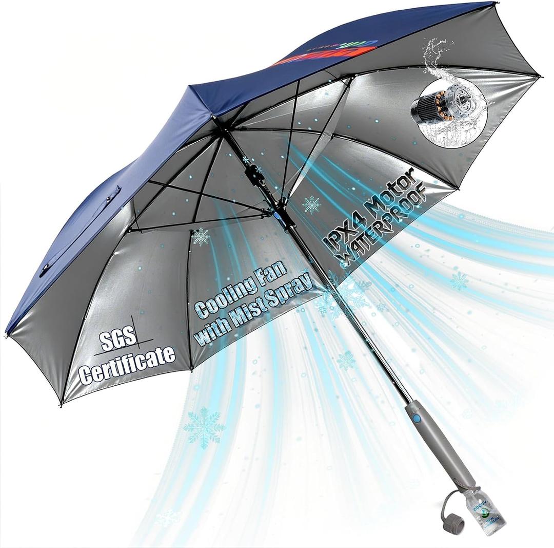 54 inch Golf Umbrella Waterproof with Mister and Fan, Cooling UV Sun Protection Golf Essential, Carry On Bag Airline Approved, Battery Powered
