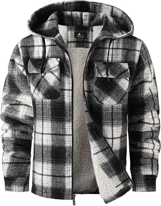 SCODI Men's Flannel Shirt Jacket Fleece Sherpa Lined Plaid Jackets Coat Full Zip Up Hoodie Winter Outwear (XX-Large, Black)