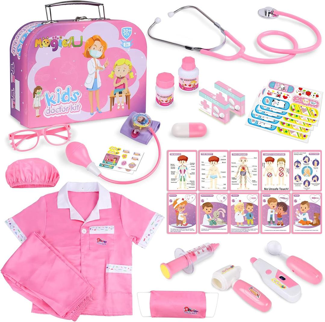 Magic4U Kids Doctor Costume Kit with Real Working Stethoscope and Carry Case, 34 Pieces Pretend-n-Play Realistic Medical Dr Toys for Toddler Boys Girls