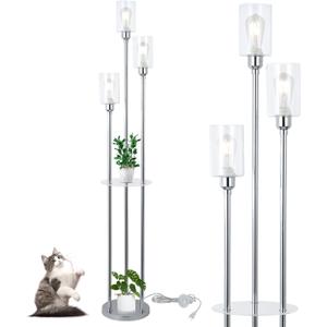 HMVPL Modern Floor Lamps for Living Room, Silver Floor Lamp for Bedroom with Acrylic Shelves, 3-Light Chrome Standing Lamp with Glass Shades, On/Off Foot Switch, Tall Lamp for Corner Office (66")