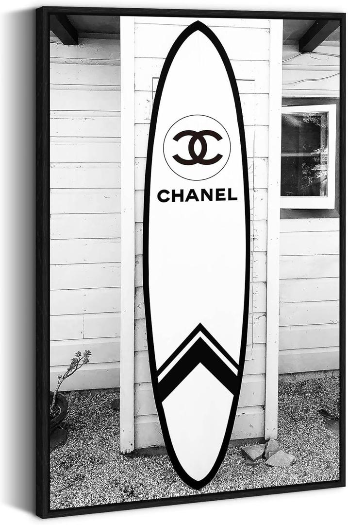 Black White Beach Framed Art: Large Retro Trend Surfboard Wall Picture Vintage Ocean Theme Scenery Canvas Prints Fashion Seaside Cottage Painting Artwork for Living Room Bedroom Bathroom (36"L x 24"W)