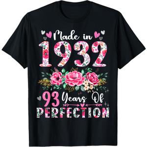 93 Year Old Made In 1932 Floral 93th Birthday Women T-Shirt, Size: S