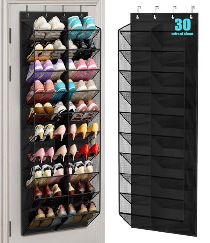 MISSLO 30 Pairs Over the Door Shoe Organizer Breathable Mesh Hanging Shoe Rack for Closet Storage with Wide Deep Pockets 10 Tier Shoes Holder Fit All the Family's Sneakers, Boots, Heels Gray