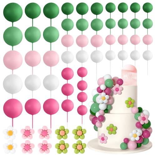 Bouiexye 61 Pcs Boho Cake Topper Balls Decorations Mini Balloon Cake Topper Retro Hippie Daisy Flower Acrylic Cake Topper for Birthday Party Wedding Rainbow Baby Shower (Pink Green)