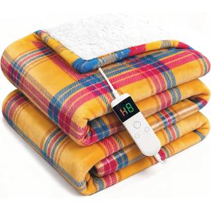 Electric Blanket Heated Throw, Soft Flannel 50"x60" Plaid Heating Blanket with 8 Hours Auto Off 10 Fast Heating Levels Machine Washable Sherpa Heated Blanket with Overheating Protection (Beige)