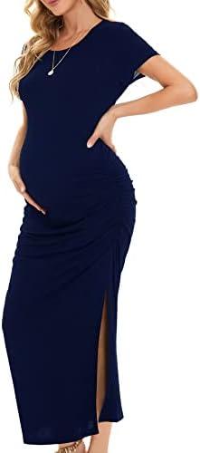 Smallshow Women's Split Long Maternity Dress Short Sleeve Ruched Pregnancy Clothes, Large, Navy 