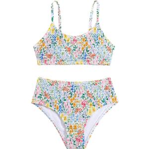 GORGLITTER Girl's 2 Piece Bikini Sets Floral Swimsuits High Waisted Bathing Suits (White)