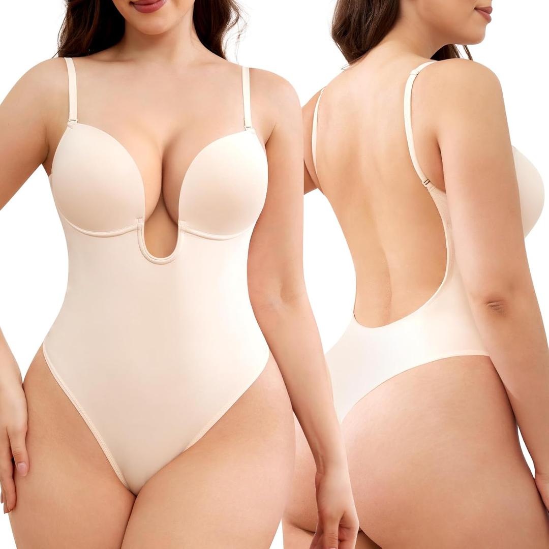 Slimers Plunge Backless Shapewear for Women: Low Back Tummy Control Body Shaper Thong Bodysuit with Underwire Bra (Medium, Beige)