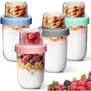 4 Pack Glass Yogurt Parfait Cups with Lids, 16+4oz Reusable Containers with Dry & Wet Separation, Leak-Proof for Overnight Oats, Meal Prep, Portable to Work & School, Easy Clean