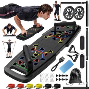 Push Up Board,Home Gym,Portable Exercise Equipment,Pilates Bar and 20 Fitness Accessories with Resistance Bands and Ab Roller Wheel,Full Body Workout at Home (Black)
