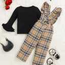 Renotemy Toddler Baby Girl Clothes Fall Winter Overalls Jumpsuit Ribbed Knit Sweater Plaid Suspender Pant 2PCS Outfits 12M-4T (12-18 Months, Black Brown Plaid)