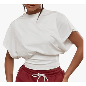 GORGLITTER Women's Dolman Short Sleeve Crop Tops Ruched Crew Neck Casual Going Out Tops White Size Large