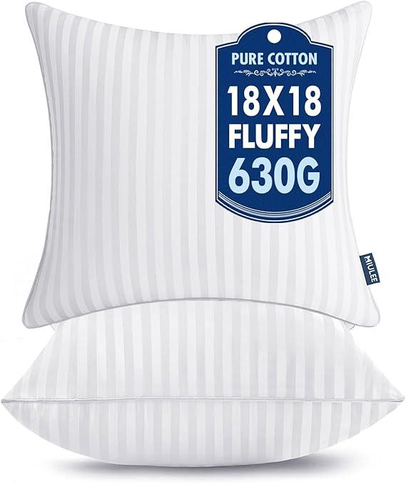 MIULEE 18x18 Pillow Inserts, Firm And Fluffy Decorative Square Throw Pillows For Couch Sofa Bed, Down Alternative With 100% Cotton Cover Pack Of 2
