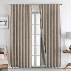 Blackout Curtains for Bedroom - Natural Linen Curtains, Thermal Insulated 100% Blackout Panels Light Blocking Drapes, Rod Pocket & Back Tabs, Darkening Privacy for Living Room 140x280 