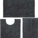 Bathroom Rugs Set Non Slip 3 Piece Bath Mat Washable Chenille Bath Rugs with PVC Backing Bath Carpet,Absorbent Bathroom Mats with Toilet Rug,Bath Mats for Bathroom,Bedroom, Kitchen,Tub,Home Decor (Charcoal Grey)