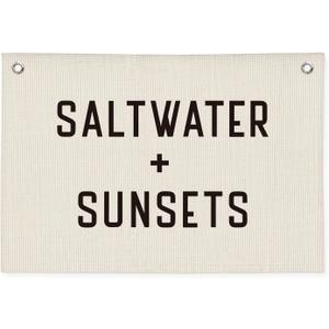 Boys Room Decor Coastal Beach Wall Hanging | Saltwater and Sunsets Linen Canvas Banner for Kids Playroom, Nursery, Surf Shack | Nautical Vintage Rustic Sign 20x30 Inch