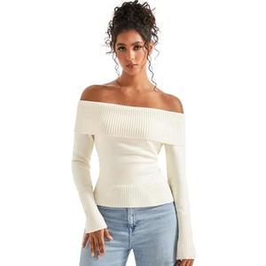 SUUKSESS Women Off Shoulder Sweaters Long Sleeve Ribbed Knit Going Out Fall Tops Blouse Size M