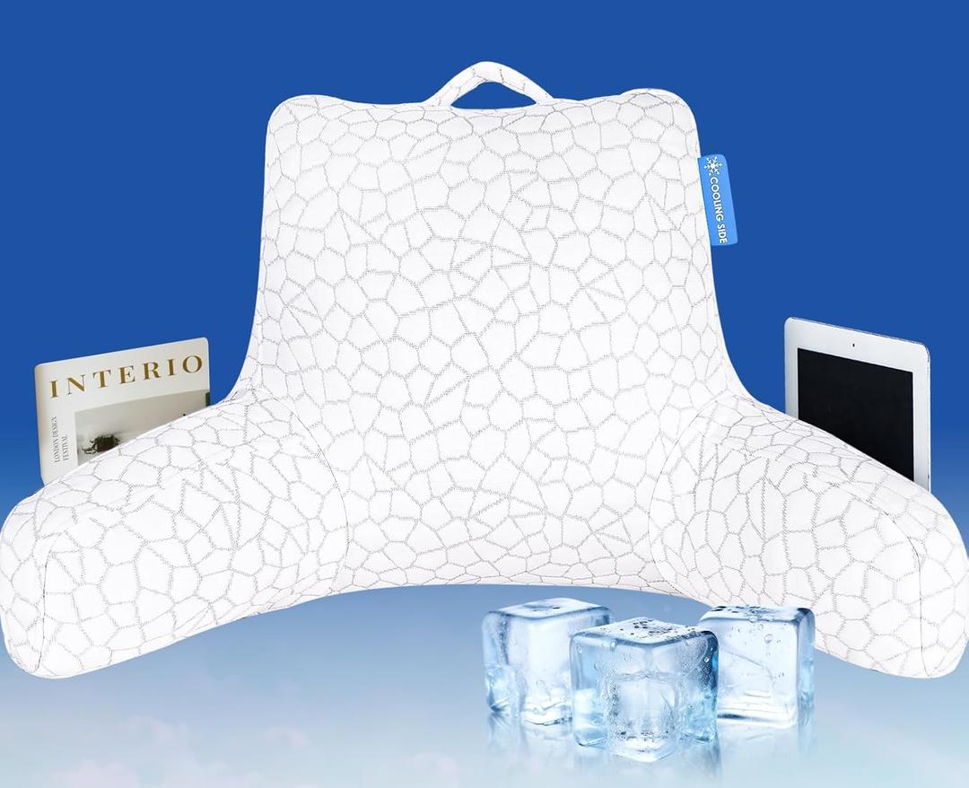 Cooling Reading Pillow Back Pillow for Bed Sitting Up,Bed Pillow for Sitting Up with Arms and Pockets, Bed Chair Husband Pillow with Adjustable Shredded Memory Foam for Full-Body Support