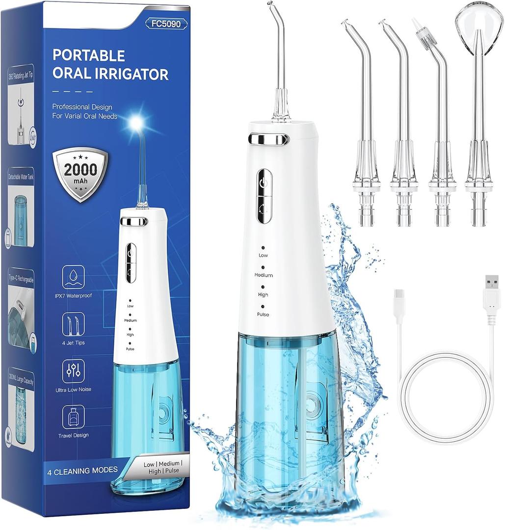 ZDMATHE Travel-Ready 300ML Cordless Water Flosser for Teeth  IPX7 Waterproof, 4 Pressure Modes & 2000mAh Battery for Deep Cleaning at Home or On-The-Go (Blue & White)