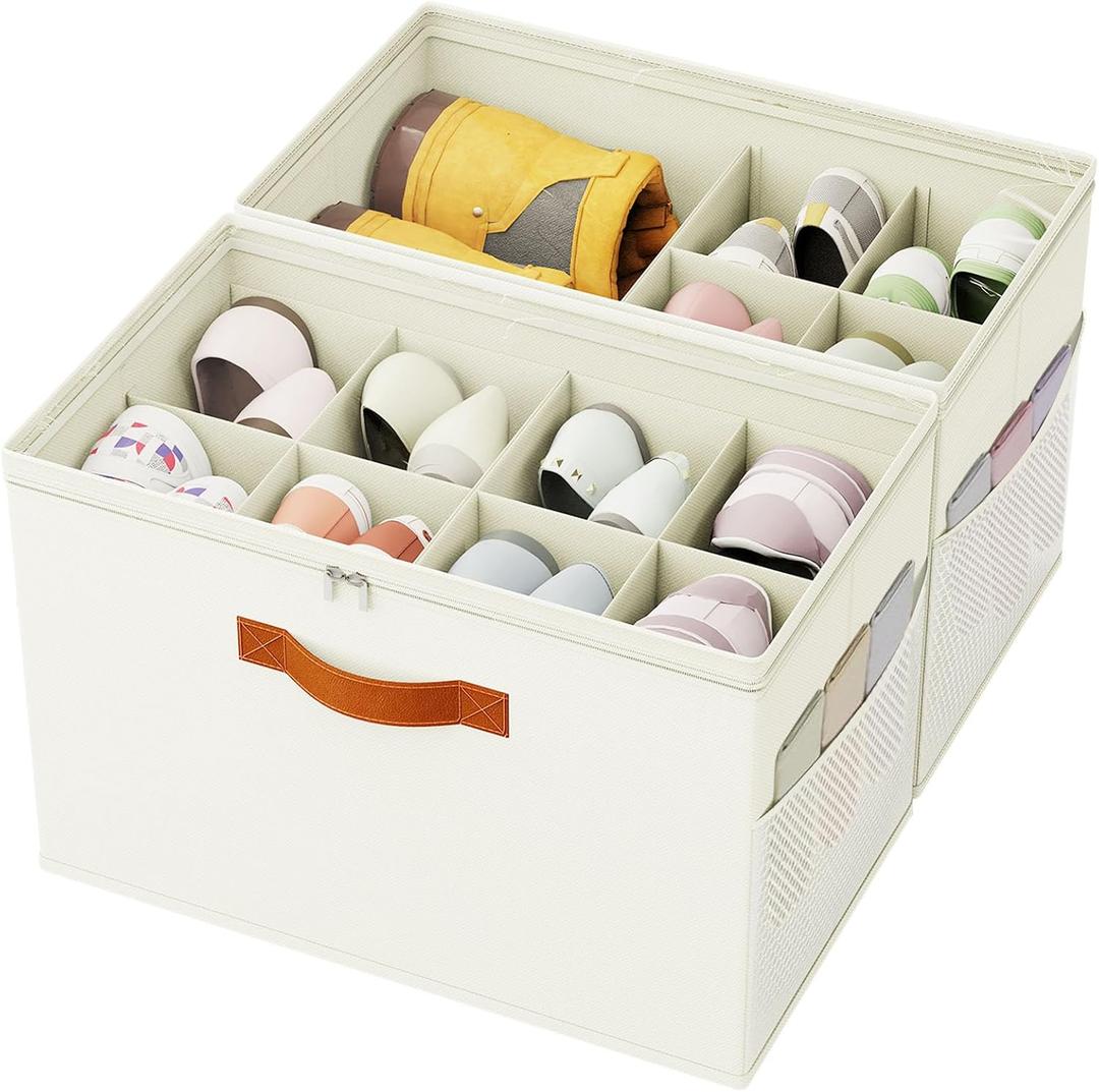 Shoe Organizer for Closet, 2 Pack Foldable Shoe Storage Organizer with Adjustable Dividers, Shoe Storage Box with Clear Cover, Fits up to 16 Pairs, Beige