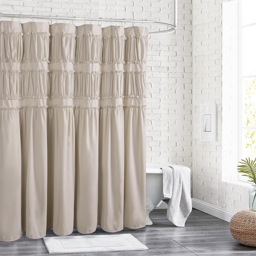 Ruched Ruffled Shower Curtain 72" W x 72" H, Beige Microfiber Rustic Decorative Bath Curtain for Bathroom, Farmhouse and Boho Bathroom Décor, Machine Washable