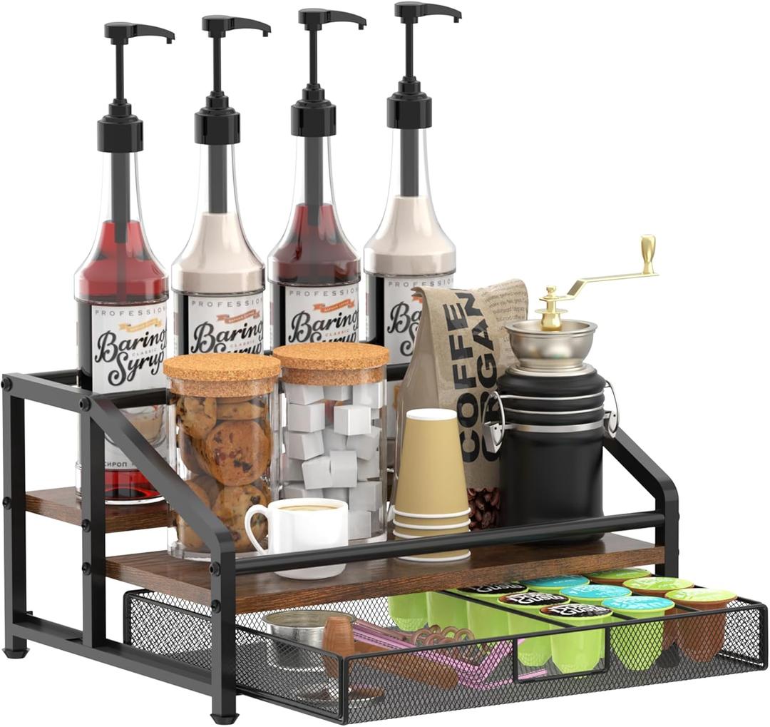 Alyoen Coffee Syrup Organizer Rack, 3-Tier Coffee Station Organizer for Countertop, Coffee Bar Organizer with 35K Cup Storage Basket, Coffee Syrup Holder Stand for Coffee Bar Accessory, Syrup - Wine (Retro Color)