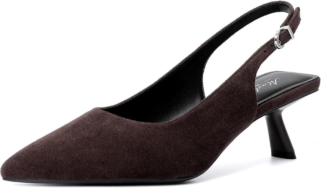 Mostrin Kitten Heels for Women Pointed Toe Pumps Patent Leather Low Heel Slingback Heels with Buckle Dress Shoes for Dating Party Working (7, Darkbrown Suede 06)