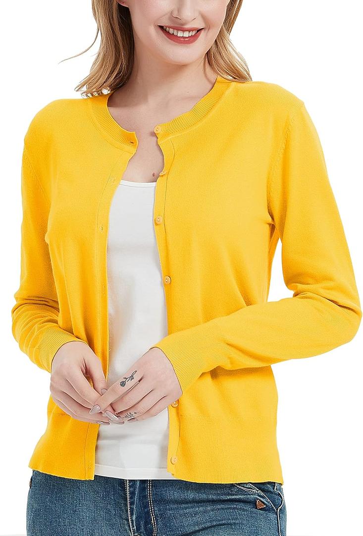 Women's Crew Neck Button Down Long Sleeve Cardigan Sweater (Medium, Yellow)