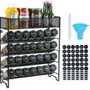 Spice Rack Organizer with 28 Spice Jars, Black Lids，Spice Labels, Chalk pen and Funnel Set for Cabinet, Countertop, Pantry, Cupboard or Wall Mount