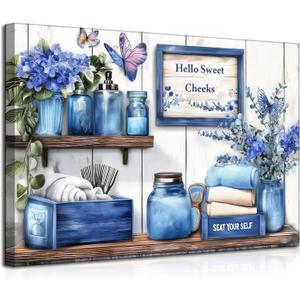 Navy Blue Farmhouse Bathroom Canvas Wall Art Blue Flowers and Butterflies Painting Picture Wall Decor Poster Print Artwork for Toilet Washroom Restroom Home Decoration, 24"L x 16"W