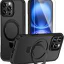 for iPhone 16 Pro Max Magnetic Case with a Tempered Screen, [Compatible with Magsafe] [Invisible Built in Stand & Ring Holder] MIL-Grade Shockproof Full Protective Case for 16 Pro Max-Black