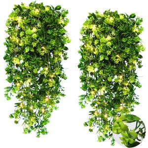 RECUTMS Artificial Hanging Plant Indoor Faux Plants Outdoor Large 2pcs Hanging Greenery with LED Lights Strings Silk Rose Flowers Plastic Leaves Decor for Party Wedding House Patio (Green)