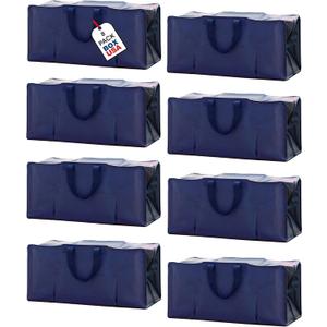 BOX USA Extra Large Moving Bags with Handles (8-Pack) - Heavy Duty 29.1 x 14.2 x 13 Waterproof Storage Bags for Clothes, College, Packing, and Travel  Blue Tote Bag with Zipper Closure