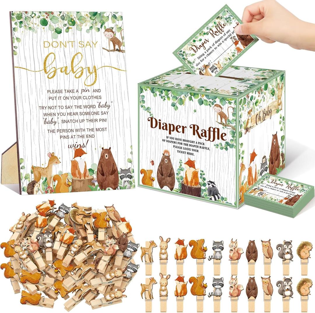 102 Pcs Baby Shower Game Supplies Diaper Raffle Tickets with Diaper Raffle Card Box Don't Say Baby Sign Mini Clothespin Baby Shower Game Decor for Baby Shower Gender Reveal(Animal)