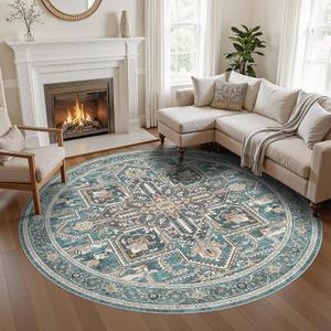 WITSHOCK Round Living Room Rugs 8Ft: Washable Vintage Boho Soft Low Pile Non-Slip Stain Resistant Foldable Carpet for Bedroom Playroom Dining Room Office, Distressed Farmhouse Home Decor Rug-Dull Teal