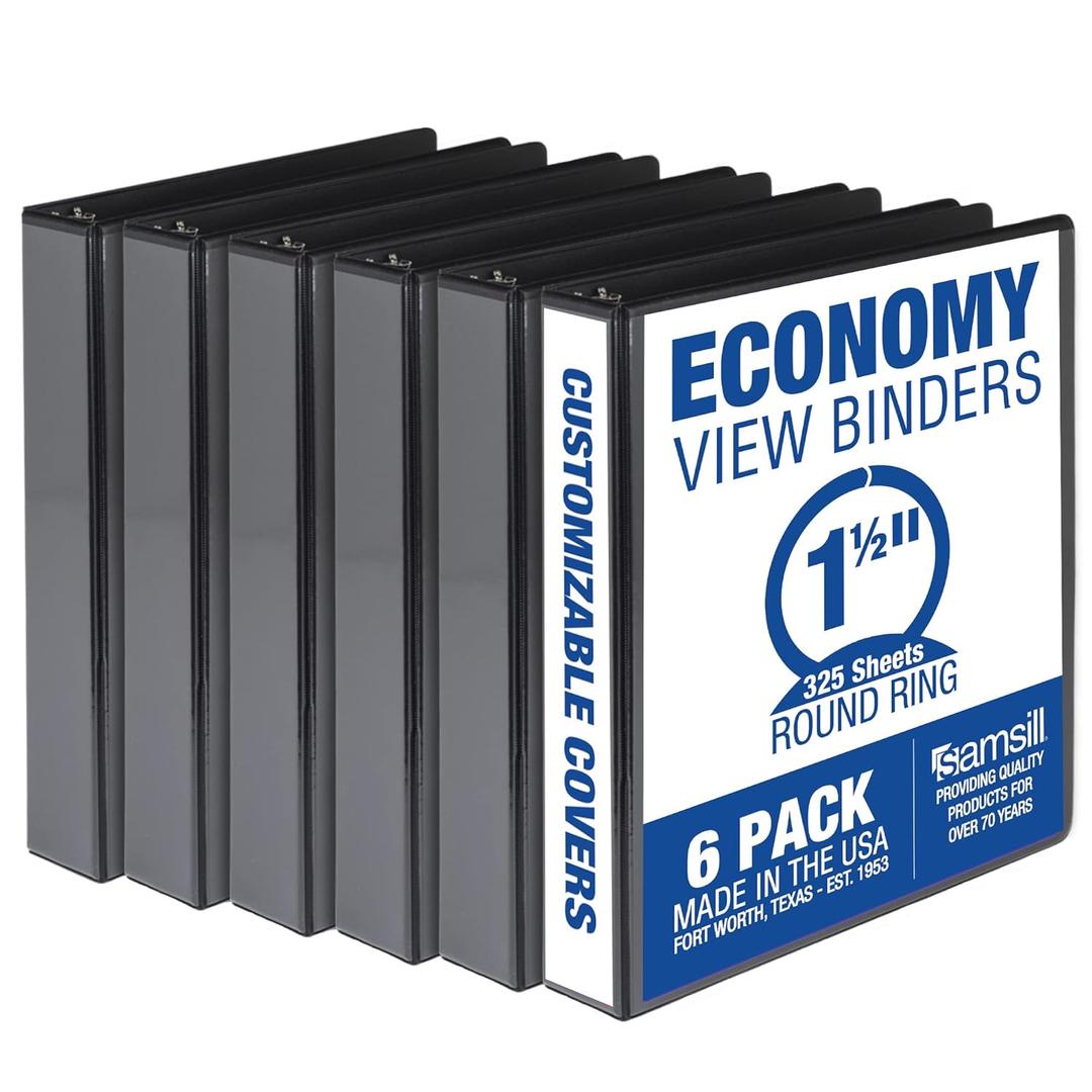 Samsill 1.5 Inch 3 Ring Binders, Economy Round Ring, Clear View Cover, 325 Sheet Capacity - for School, Home, Office - Black, 6 Pack