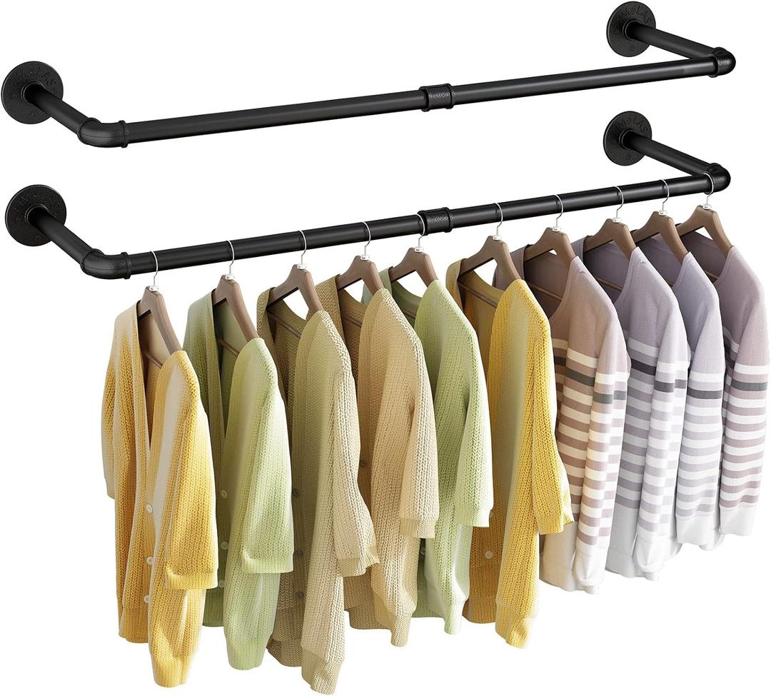 Wall Mounted Clothes Rack 38.4in, Industrial Pipe Wall Mount Clothing Rack, Heavy Duty Iron Garment Racks, Space Saver Multi-purpose Hanging Rod for Laundry Room, Closet Storage, 2 Packs