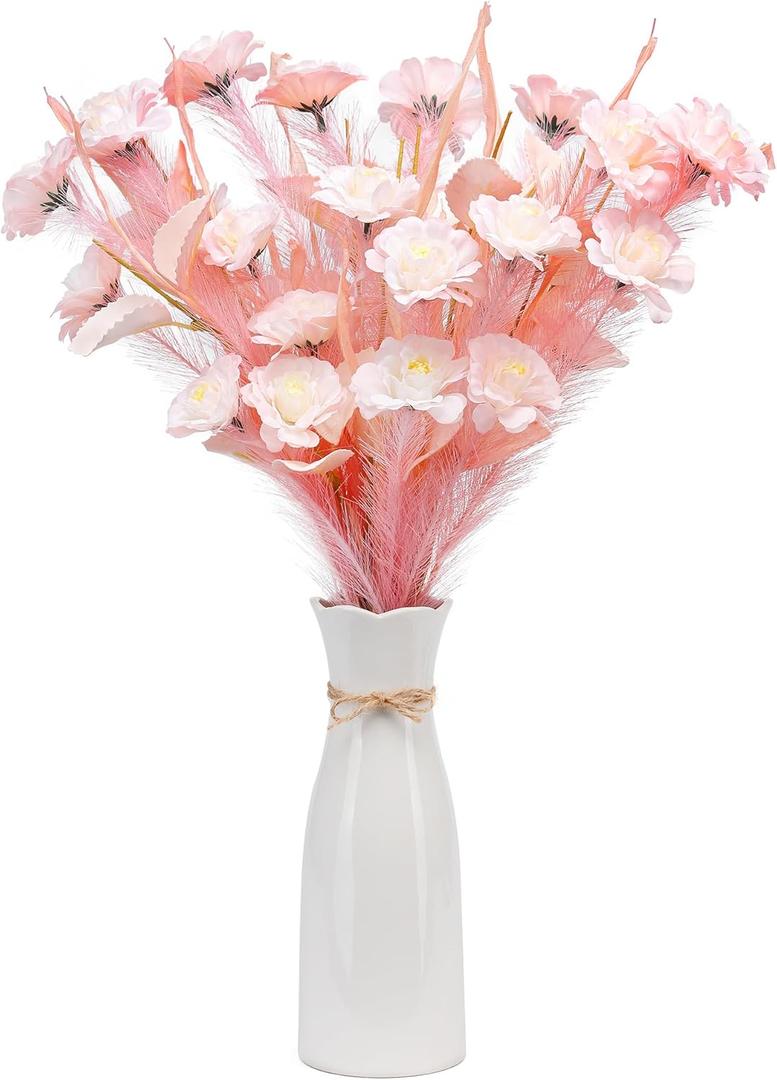 Artificial Flowers in Vase Peony Bouquet, Bundle of 10 Silk Peony Flowers with Vase for Wedding Party Home Kitchen Table Centerpieces Decoration(Light Pink)