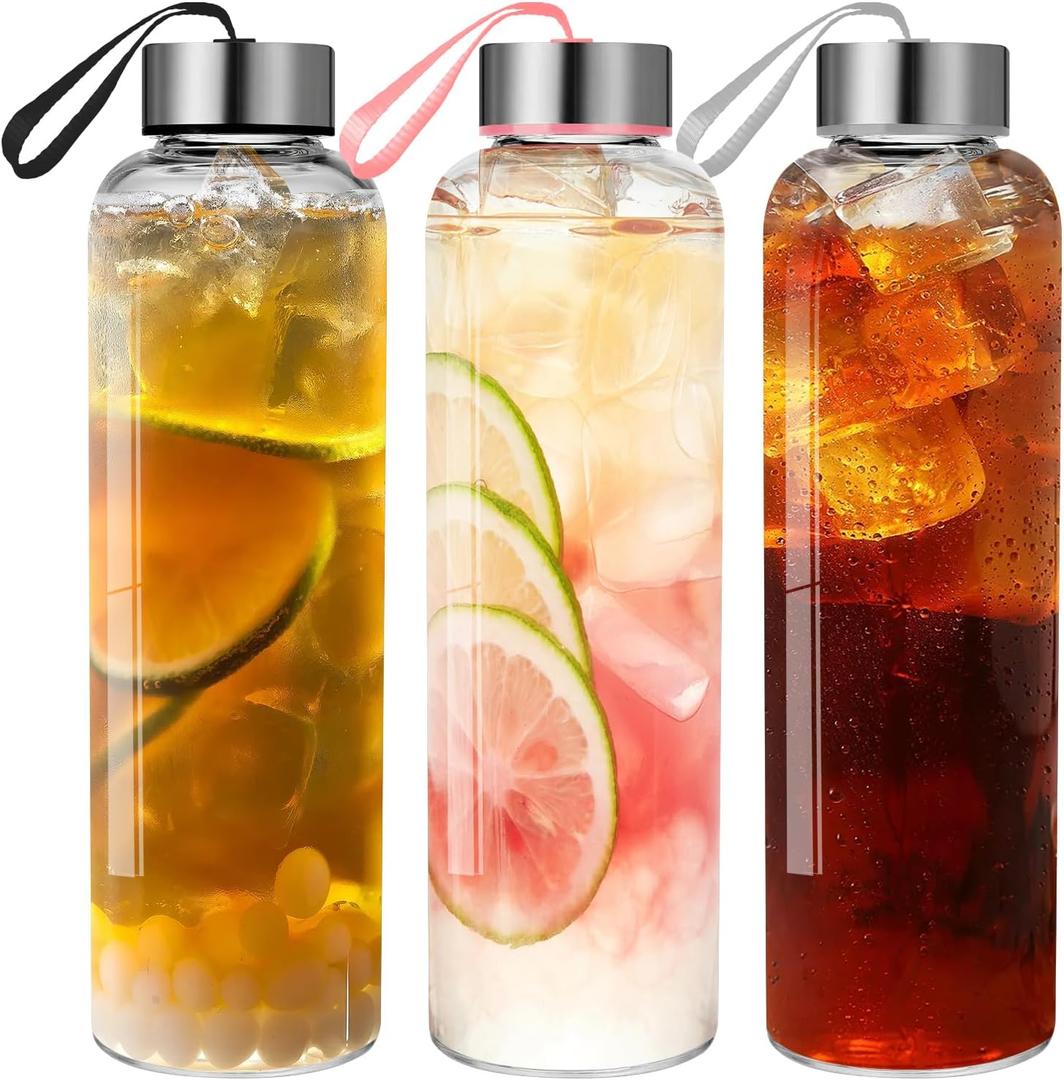 Glass Water Bottles Set of 3, 18 oz, Reusable Water Bottle with Lids, Juice Glass Bottles for Juicing, LeakProof, BPA Free, Container Bottle for Refrigerator, Suitable for Beverage, Soda (Clear)