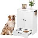 Dog Feeding Station with Storage Cabinet, White Wood Dog Cabinet with 2 Elevated Stainless Steel Bowls, Hidden Pull-Out Feeder Drawer, Pet Feeding Station for Kitchen and Living Room
