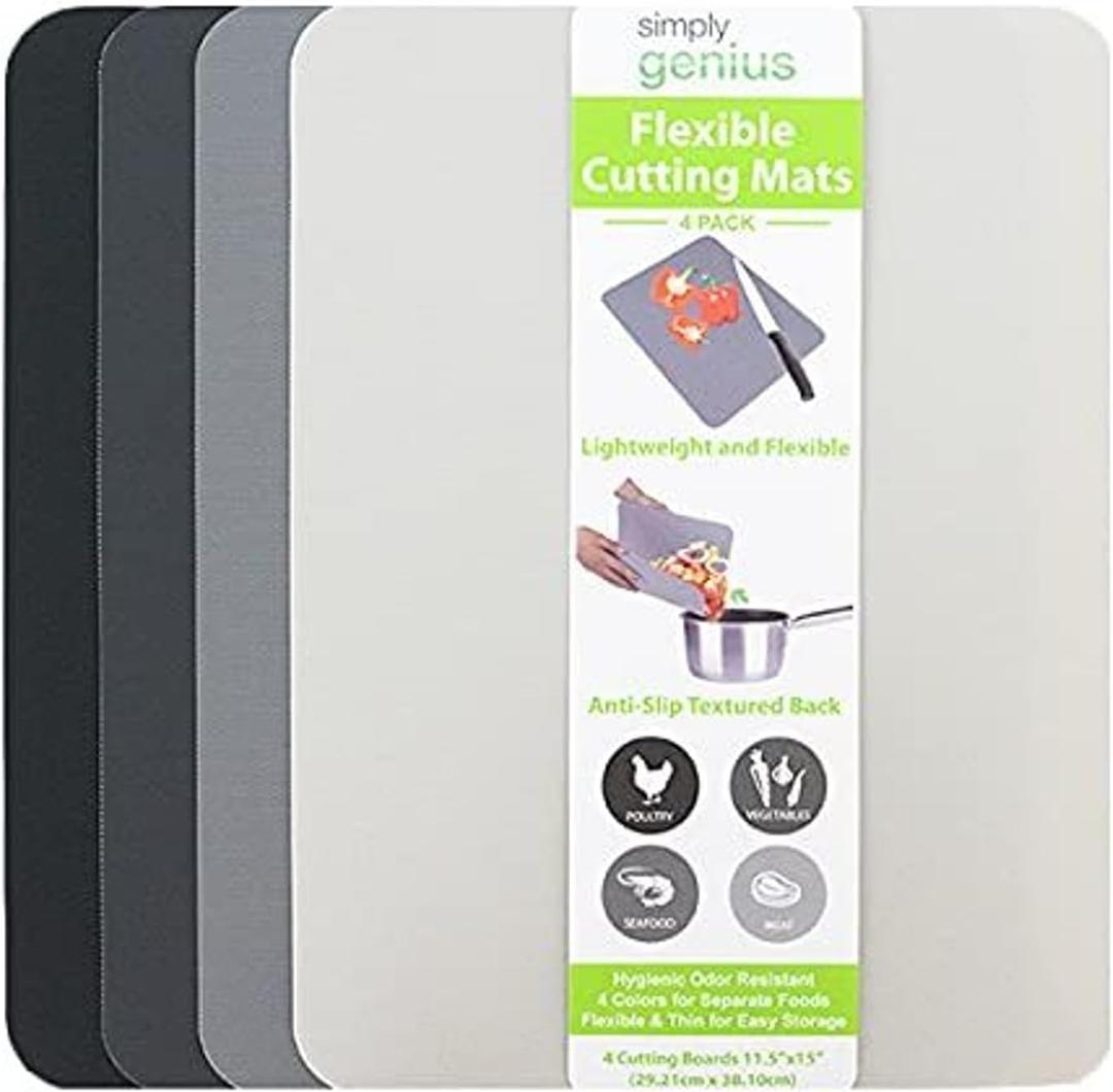 Simply Genius Flexible Rectangular Cutting Board Set - Dishwasher-Safe Kitchen Cutting Mat - Textured-Grip Flexible Surface - Odor-Resistant Plastic Chopping Mat - 4-Pack, 11.5 x 15 in, Gray