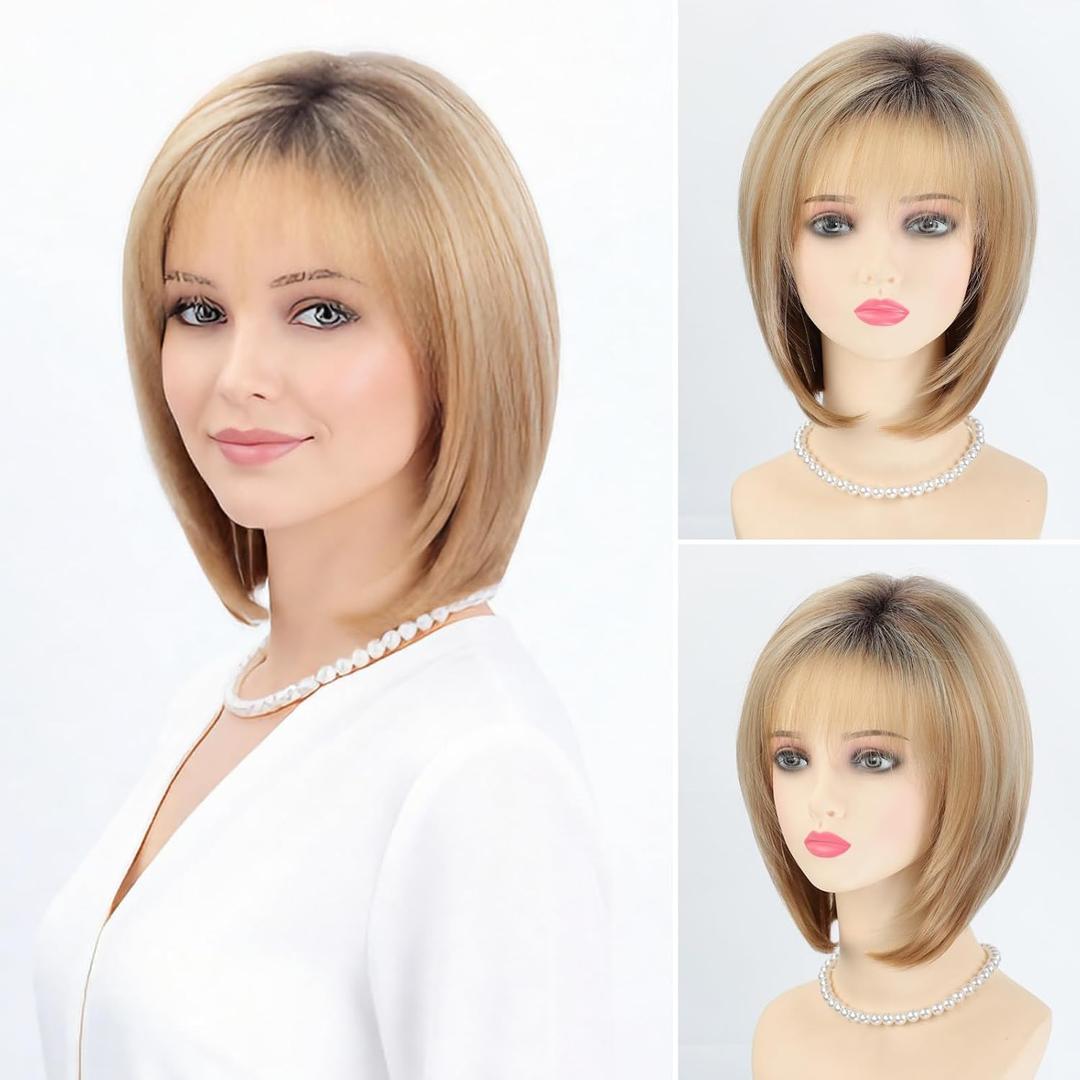 RENERSHOW Blonde Highlight Short Pixie Bob Wig with Bangs Straight Ombre Blonde Synthetic Wig with Dark Roots Layered Blonde Wigs for Women Medium Bob Daily Party Wig