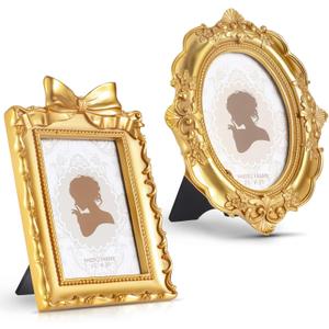 Qunclay 2 Pcs Vintage Picture Frames Antique Baroque Ornate Resin Rectangle Oval Photo Frames with Glass Front Tabletop and Wall Decor for Home Wedding Christmas Party Decor(Gold,2.3 x 3.5 Inches)