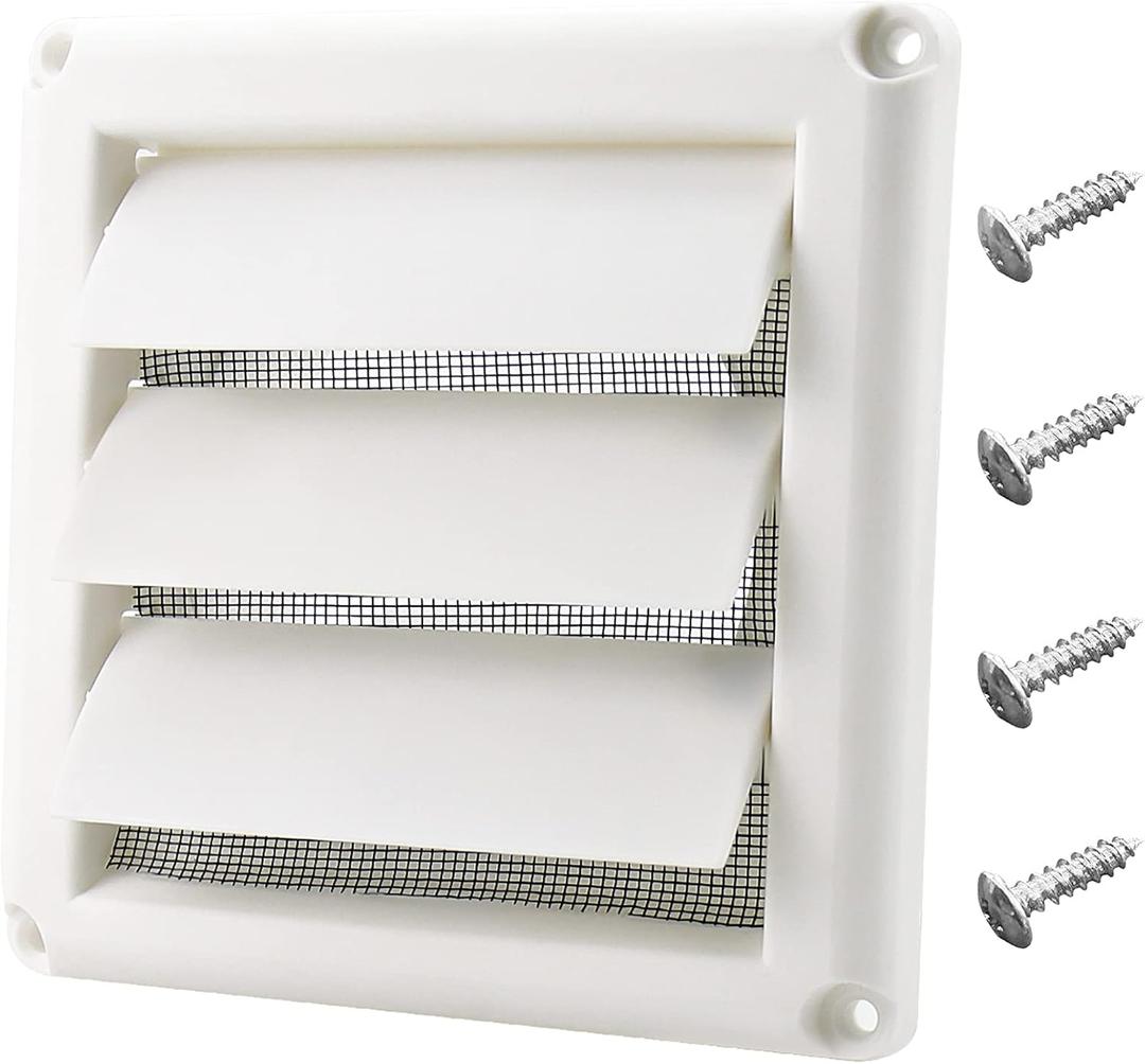 Funmit 4" Dryer Vent Cover for Exterior Wall Vent Hood Outlet Airflow Vent Dryer Air Vent with Screen Includes 4 Screw for Easy Installation (White) (4 inch, White-plastic)