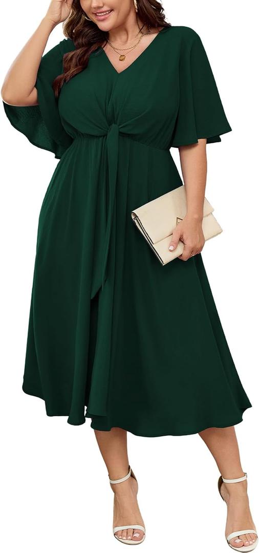 SCOMCHIC Women Plus Size Midi Dresses Wedding Guest Short Sleeve V Neck Tie Waist Casual Summer Flowy A Line Dress, 3XL, Emerald Green