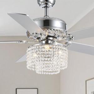 CROSSIO 52 Inch Crystal Ceiling Fan with Light and Remote Control, Modern Chandelier Fan with 5 Reversible Wood Blades Chrome Fandelier for Living Room Bedroom (Fine line Crystal-Ceiling Fan)